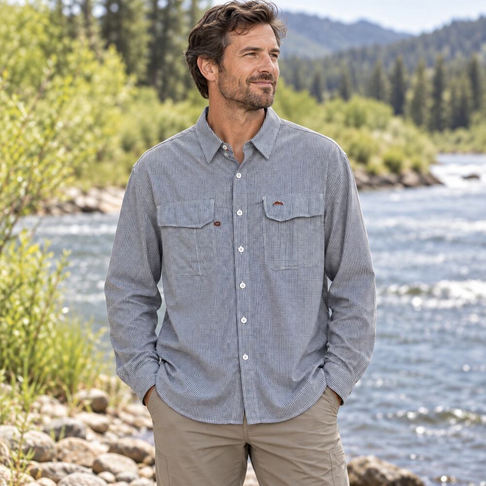 Simms Mens Large Blue White Gingham UPF Fishing Performance Shirt